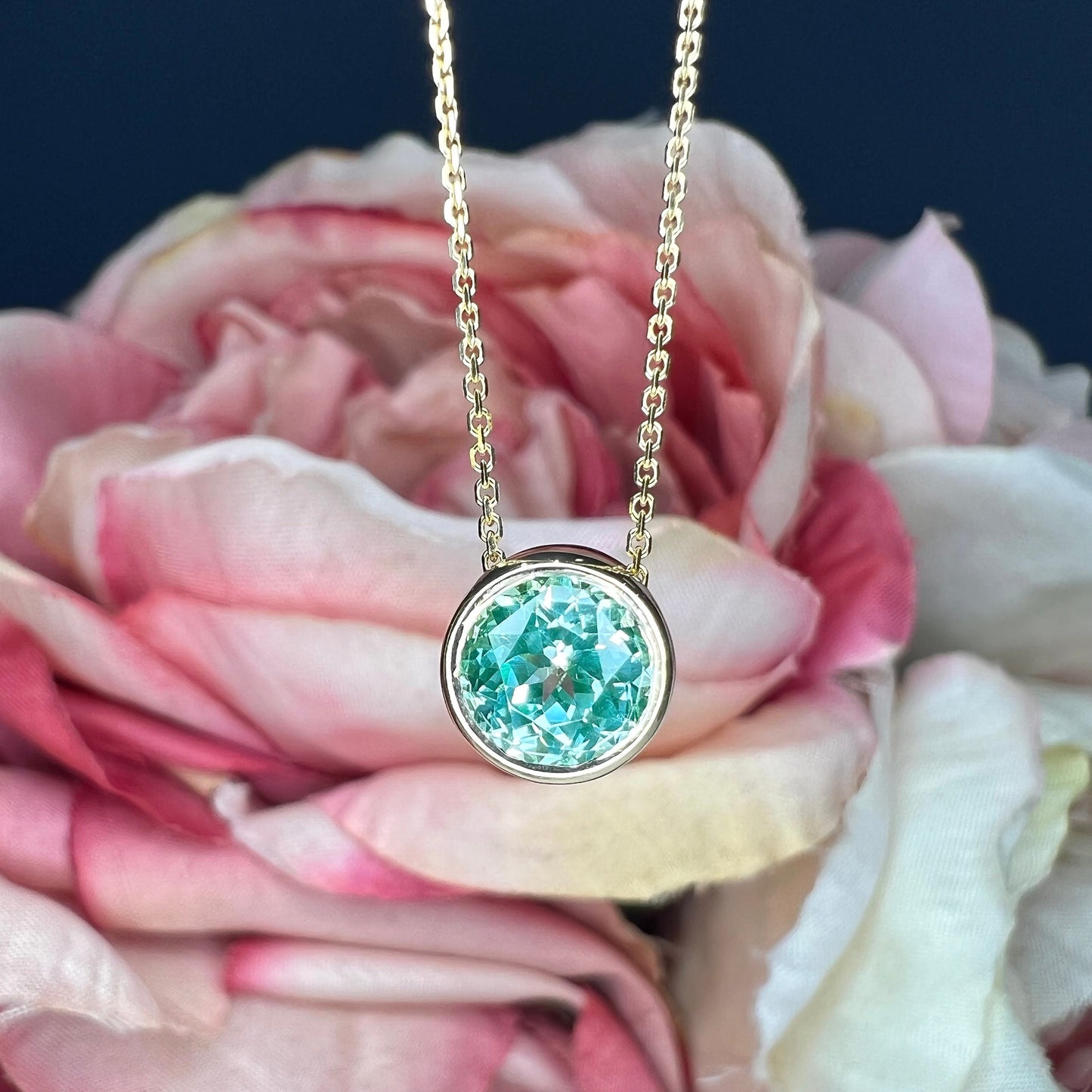 Paraiba Tourmaline Bezel Pendant, Round Green Necklace, Floating Pendant, Delicate Necklace, 14K Yellow Gold #6728