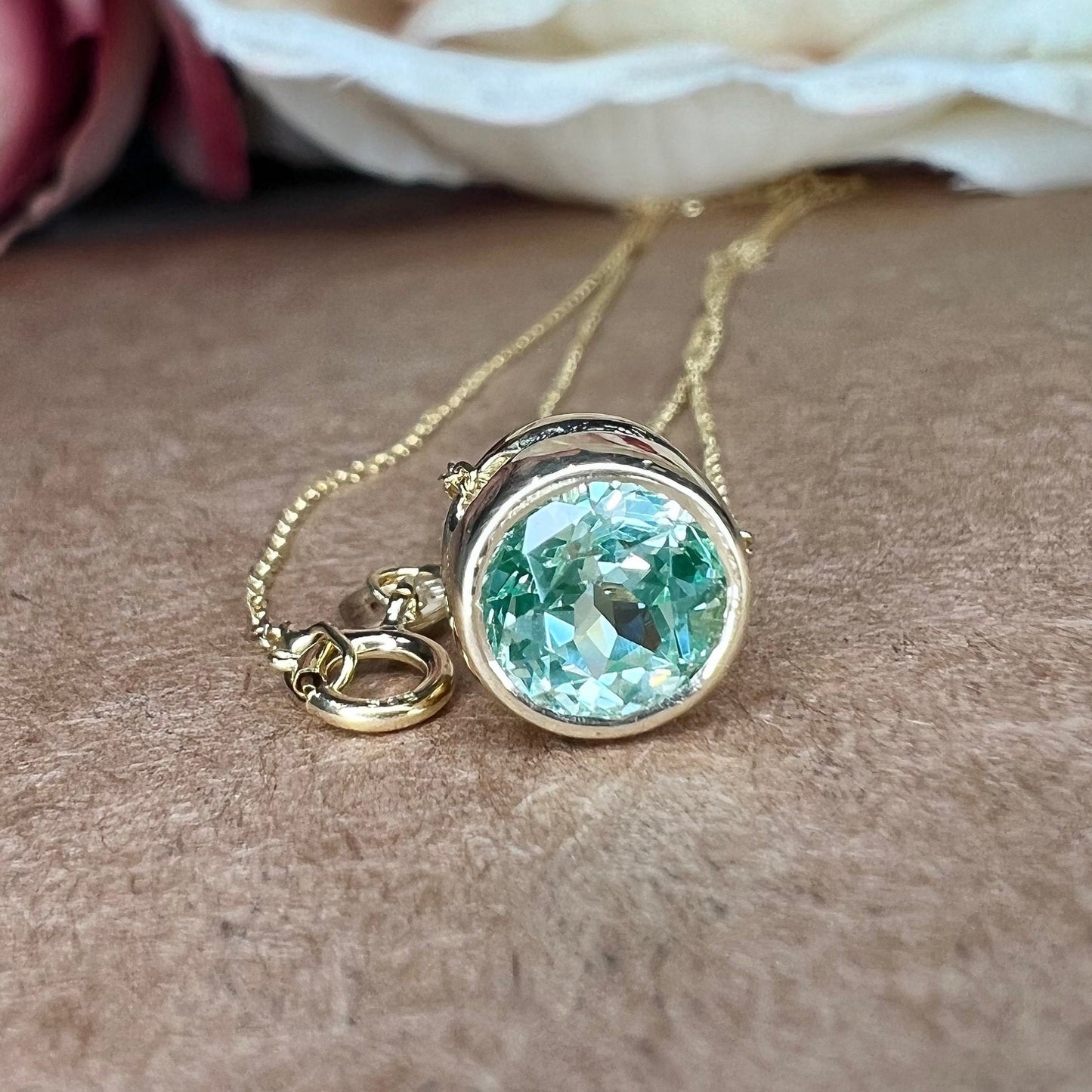 Paraiba Tourmaline Bezel Pendant, Round Green Necklace, Floating Pendant, Delicate Necklace, 14K Yellow Gold #6728