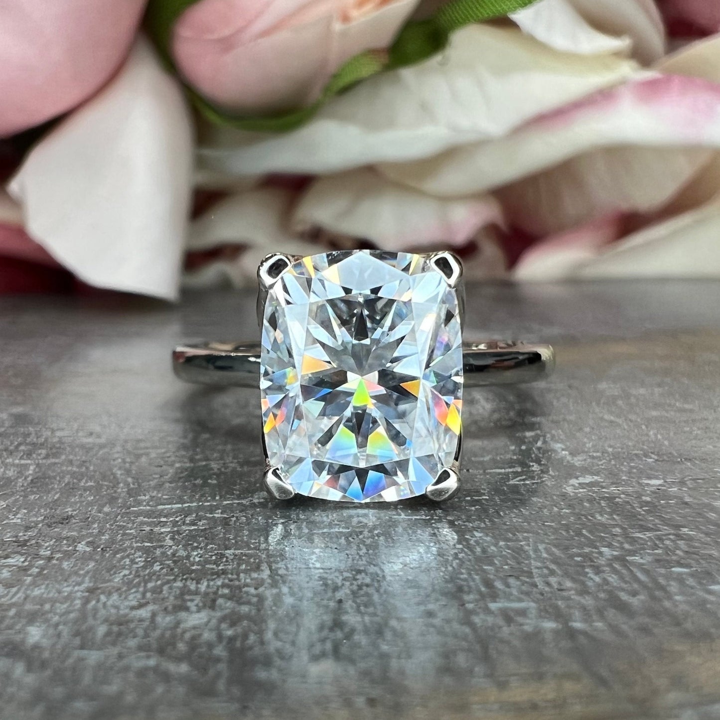 Elongated Cushion Cut Moissanite Solitaire Engagement Ring In  14k White Gold #6828