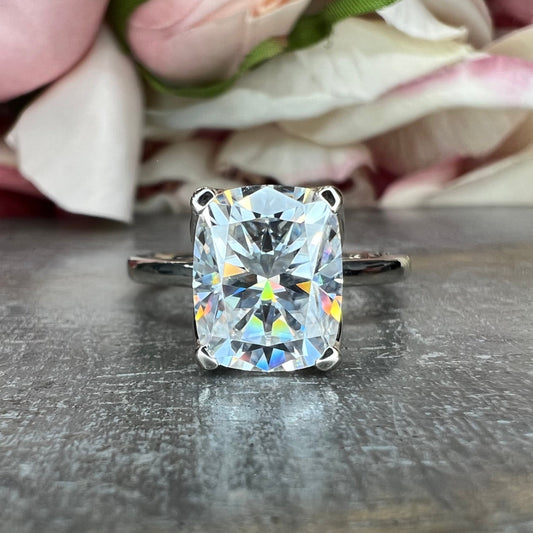 Elongated Cushion Cut Moissanite Solitaire Engagement Ring In  14k White Gold #6828