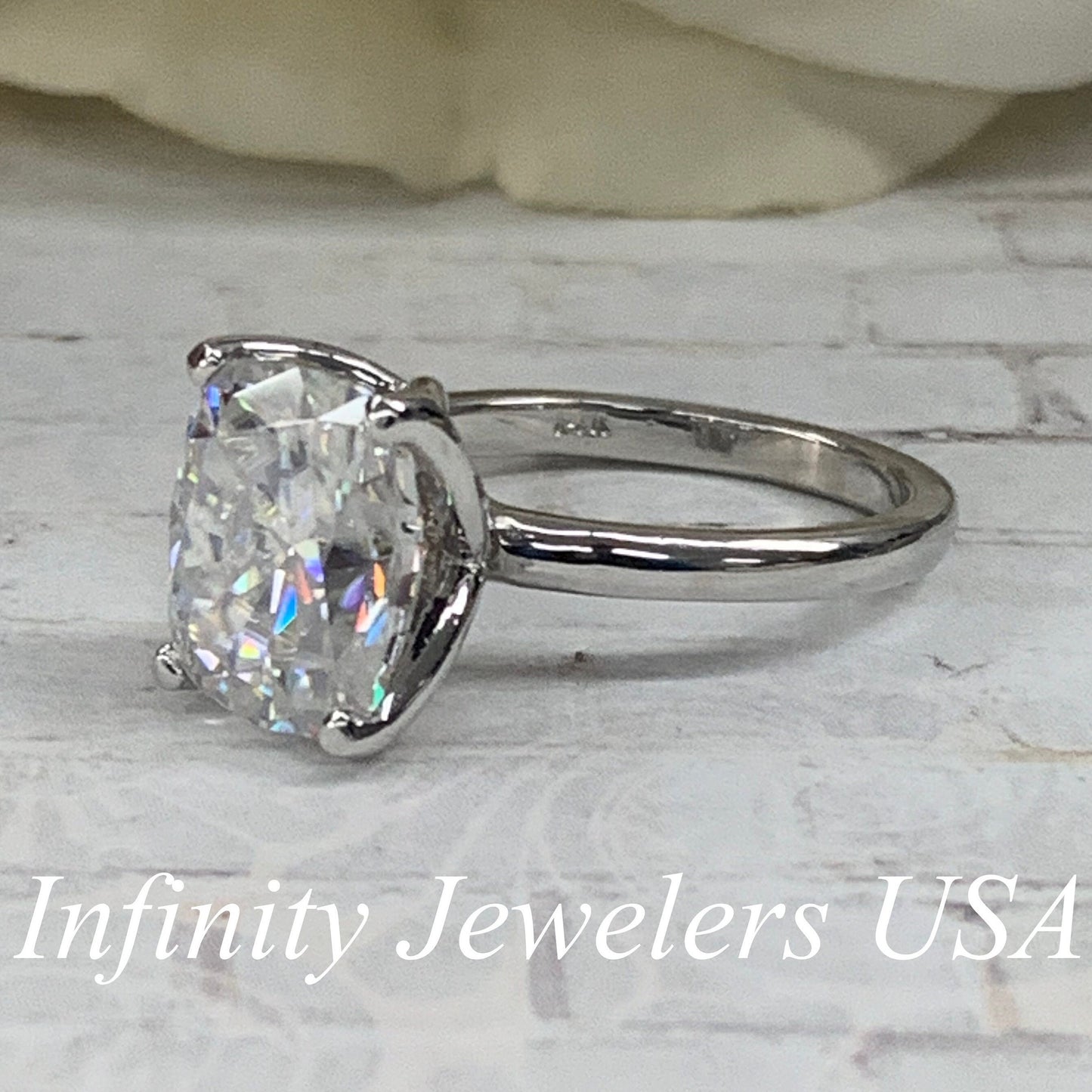 Elongated Cushion Cut Moissanite Solitaire Engagement Ring In  14k White Gold #6828