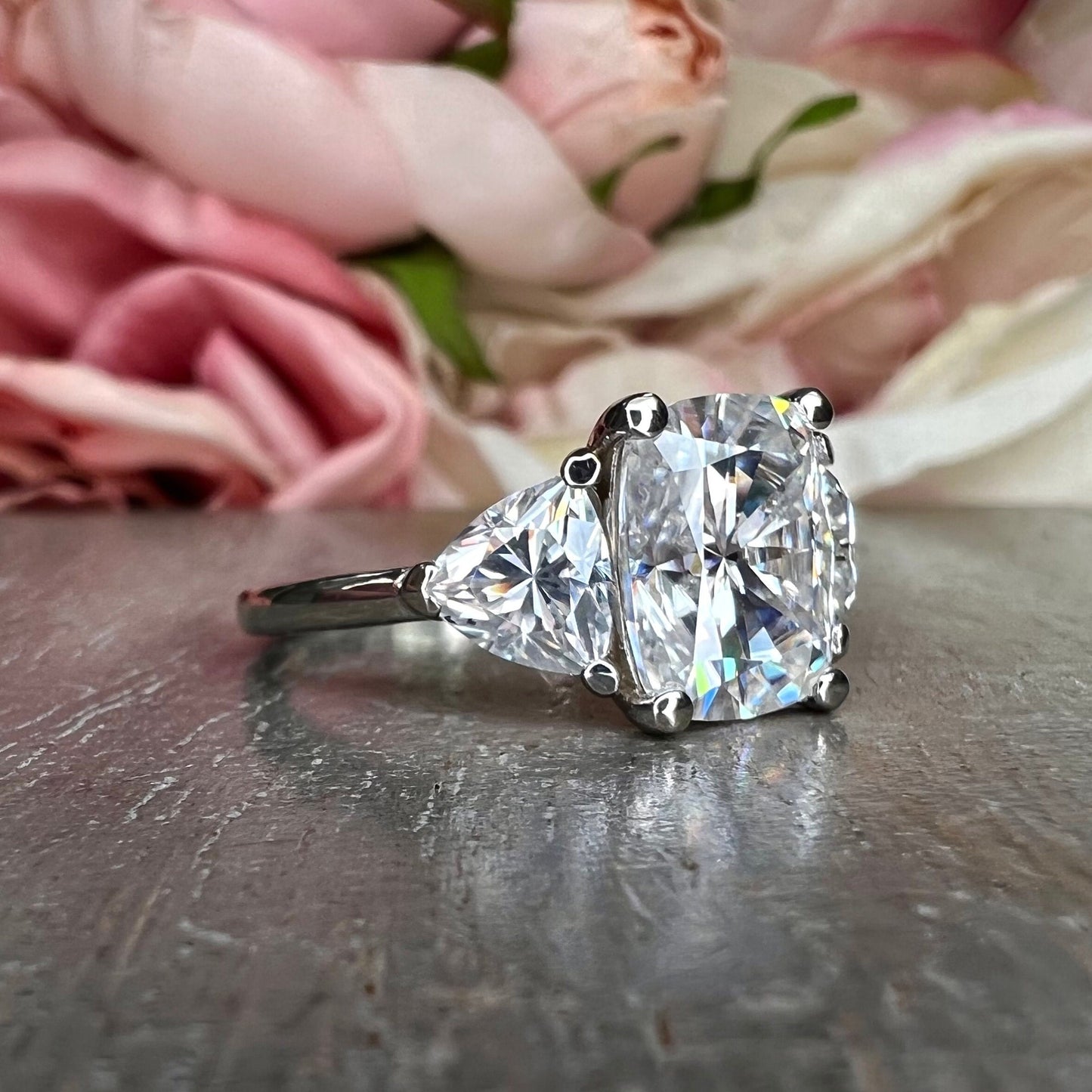 Cushion Cut Moissanite Engagement Ring White Gold Three Stone Moissanite Engagement Rings Women Unique Wedding Promise Anniversary Ring