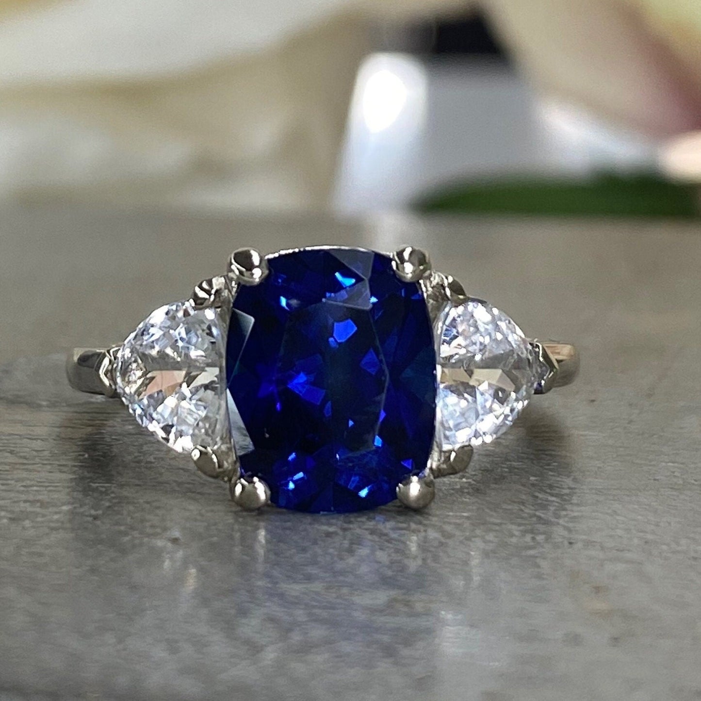 Elongated Blue Sapphire Three Stone Engagement Ring, Blue Sapphire and Moissanite Ring, Cushion Cut Sapphire Ring 14k Solid White Gold 6765