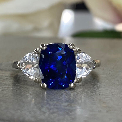 Elongated Blue Sapphire Three Stone Engagement Ring, Blue Sapphire and Moissanite Ring, Cushion Cut Sapphire Ring 14k Solid White Gold 6765