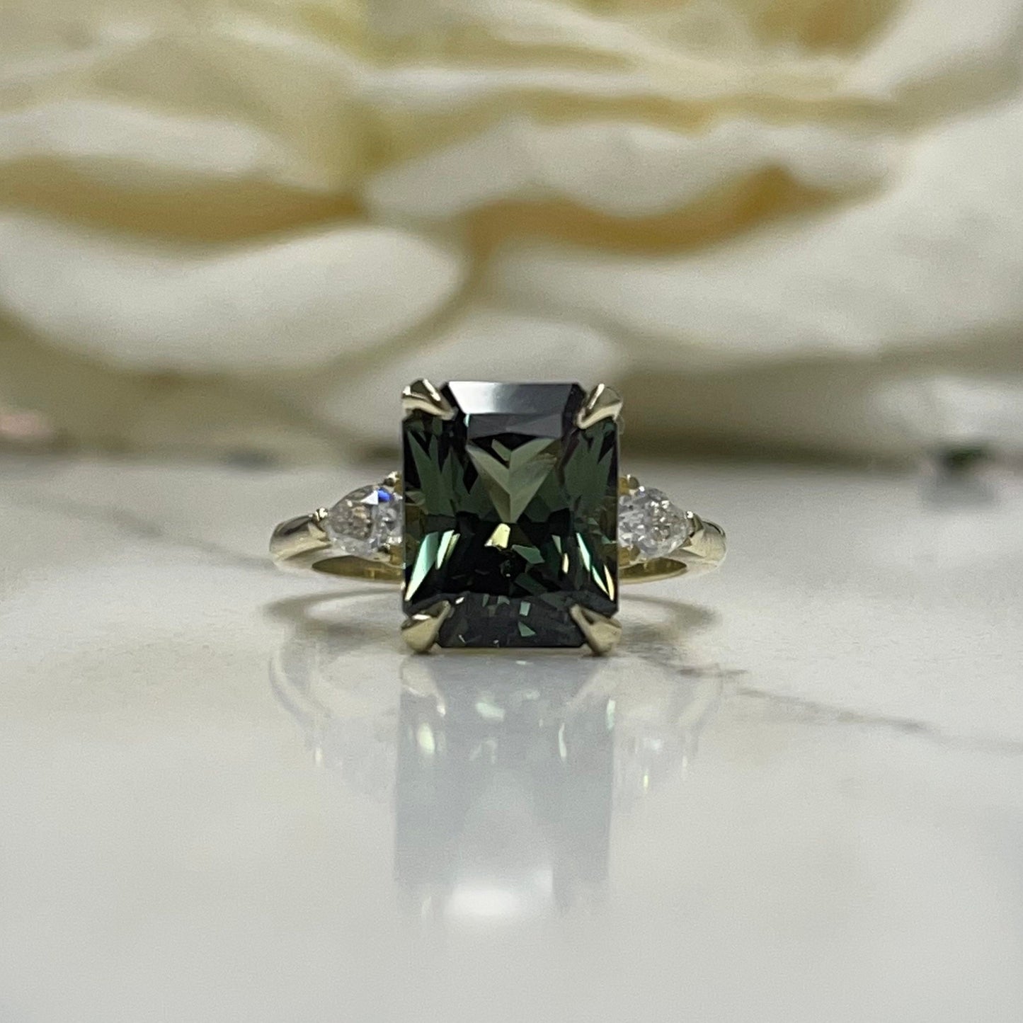 Radiant Cut Olive Green Sapphire Engagement Ring 14K White Gold Unique Vintage Olive Green Sapphire Engagement Rings Green Sapphire Ring