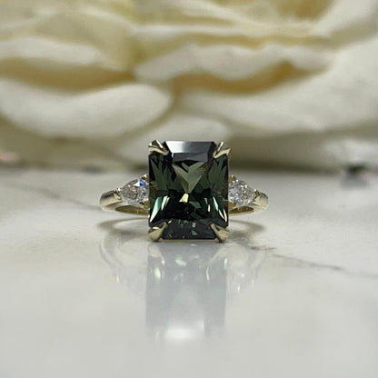 Radiant Cut Olive Green Sapphire Engagement Ring 14K White Gold Unique Vintage Olive Green Sapphire Engagement Rings Green Sapphire Ring