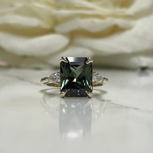 Radiant Cut Olive Green Sapphire Engagement Ring 14K White Gold Unique Vintage Olive Green Sapphire Engagement Rings Green Sapphire Ring
