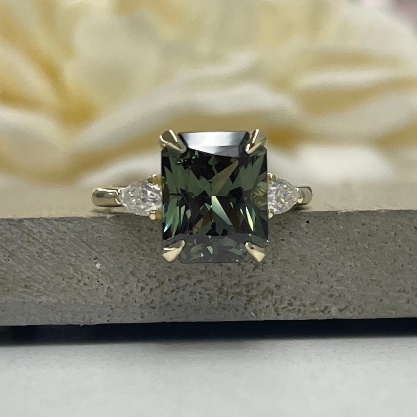 Radiant Cut Olive Green Sapphire Engagement Ring 14K White Gold Unique Vintage Olive Green Sapphire Engagement Rings Green Sapphire Ring