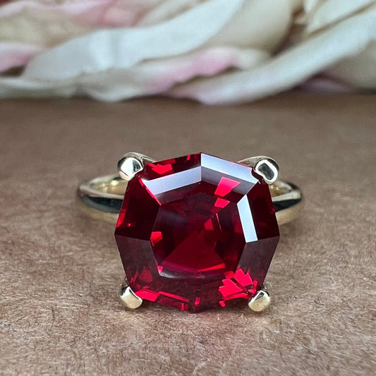 Octagon cut ruby engagement ring, 5.00ct solitaire ring, 14k yellow gold ladies ring #6455