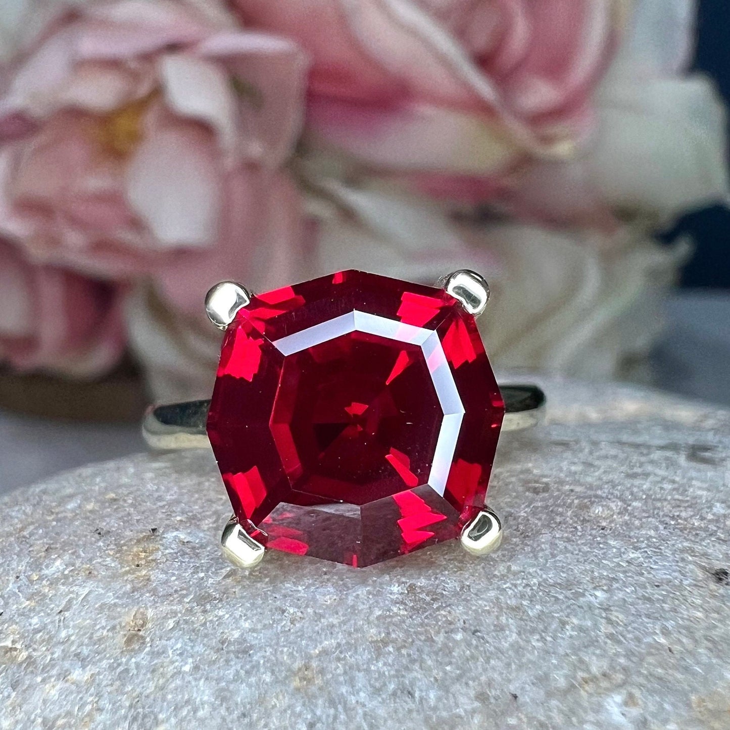 Octagon cut ruby engagement ring, 5.00ct solitaire ring, 14k yellow gold ladies ring #6455