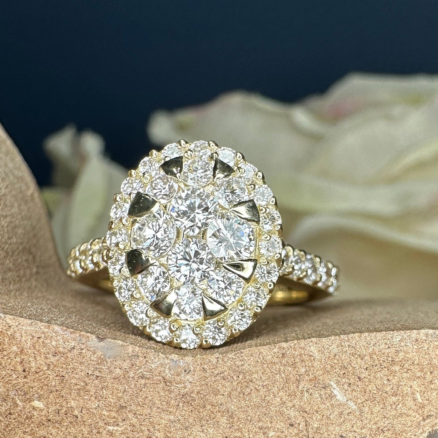 Diamond cluster ring 14k white gold, right hand ring unique cluster engagement ring, diamond wedding Bridal Anniversary gift for women #7788