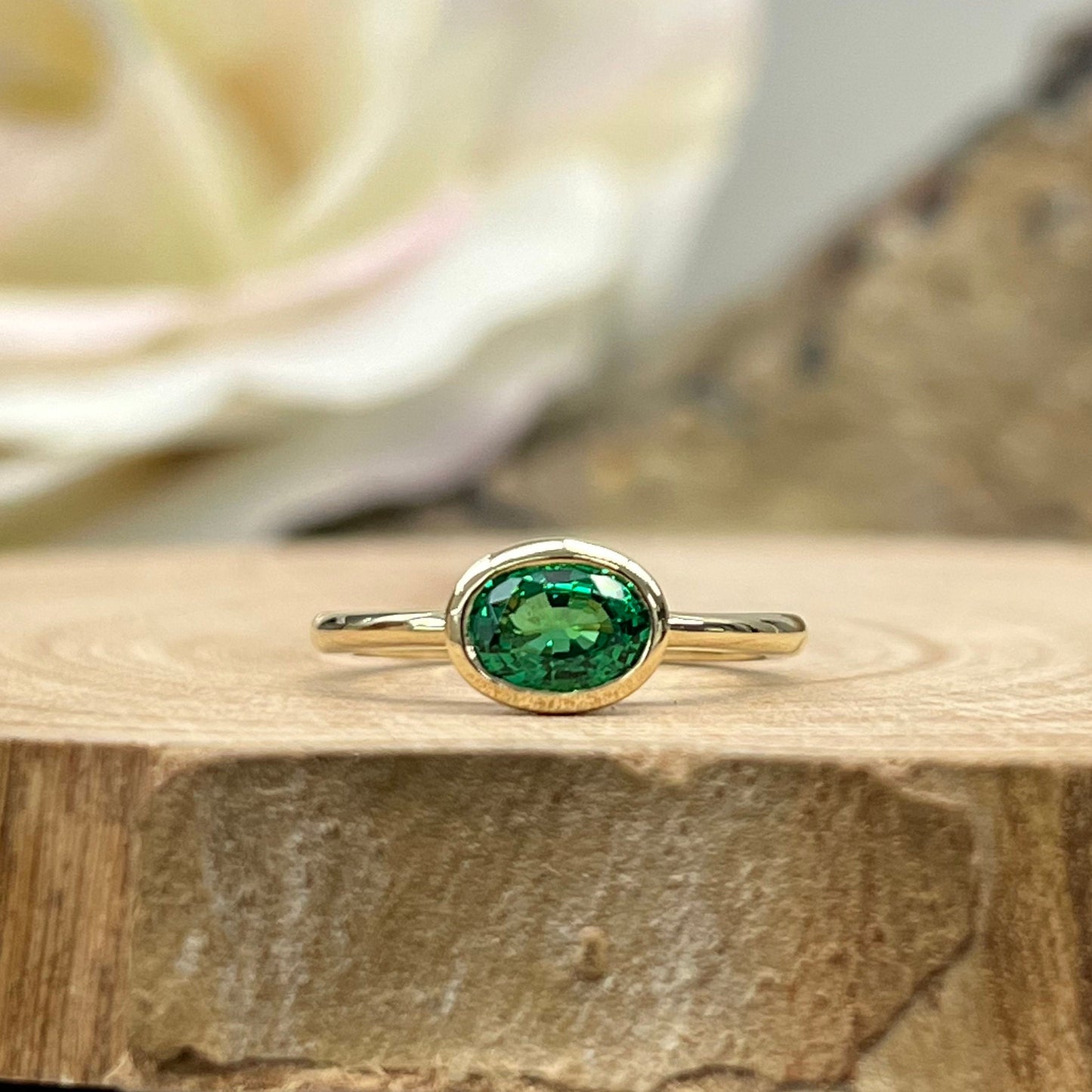Oval Emerald Bezel Ring 14K Yellow Gold Sideways Oval Emerald Ring Dainty Stacking Emerald Promise Ring East West Oval Wedding Ring #7321