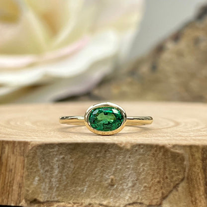 Oval Emerald Bezel Ring 14K Yellow Gold Sideways Oval Emerald Ring Dainty Stacking Emerald Promise Ring East West Oval Wedding Ring #7321