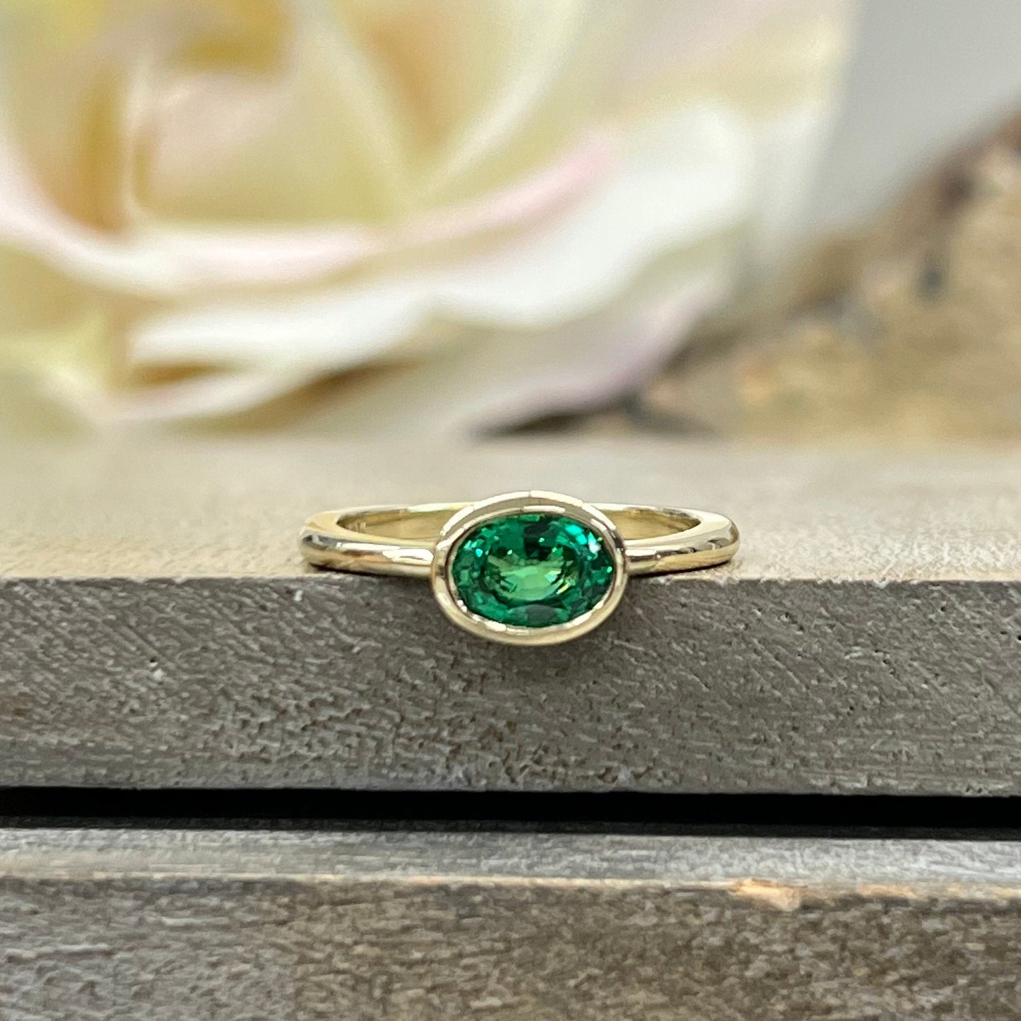 Oval Emerald Bezel Ring 14K Yellow Gold Sideways Oval Emerald Ring Dainty Stacking Emerald Promise Ring East West Oval Wedding Ring #7321