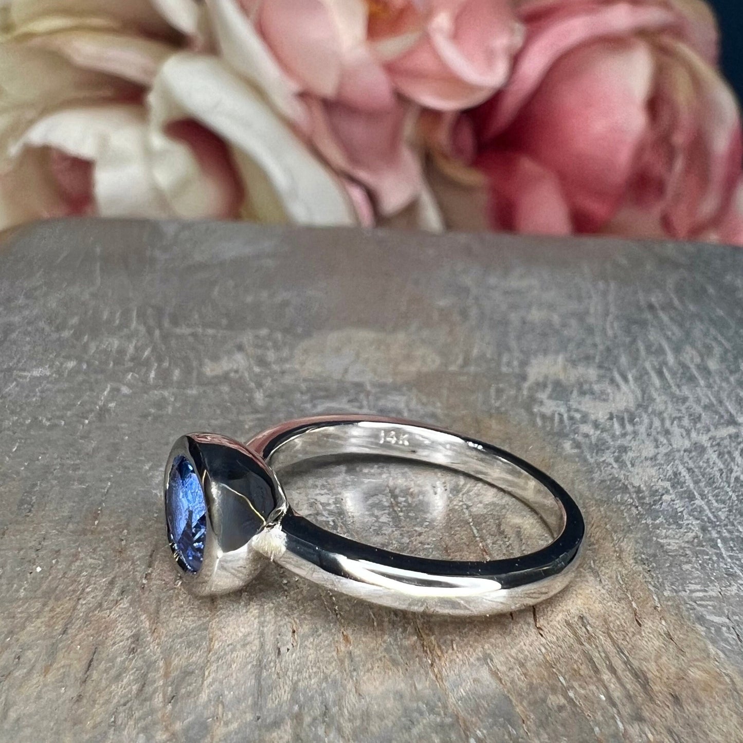 Oval cut blue sapphire bezel set ring 14K white gold, east west oval sapphire stacking ring Unique bezel set blue sapphire ladies ring #7790