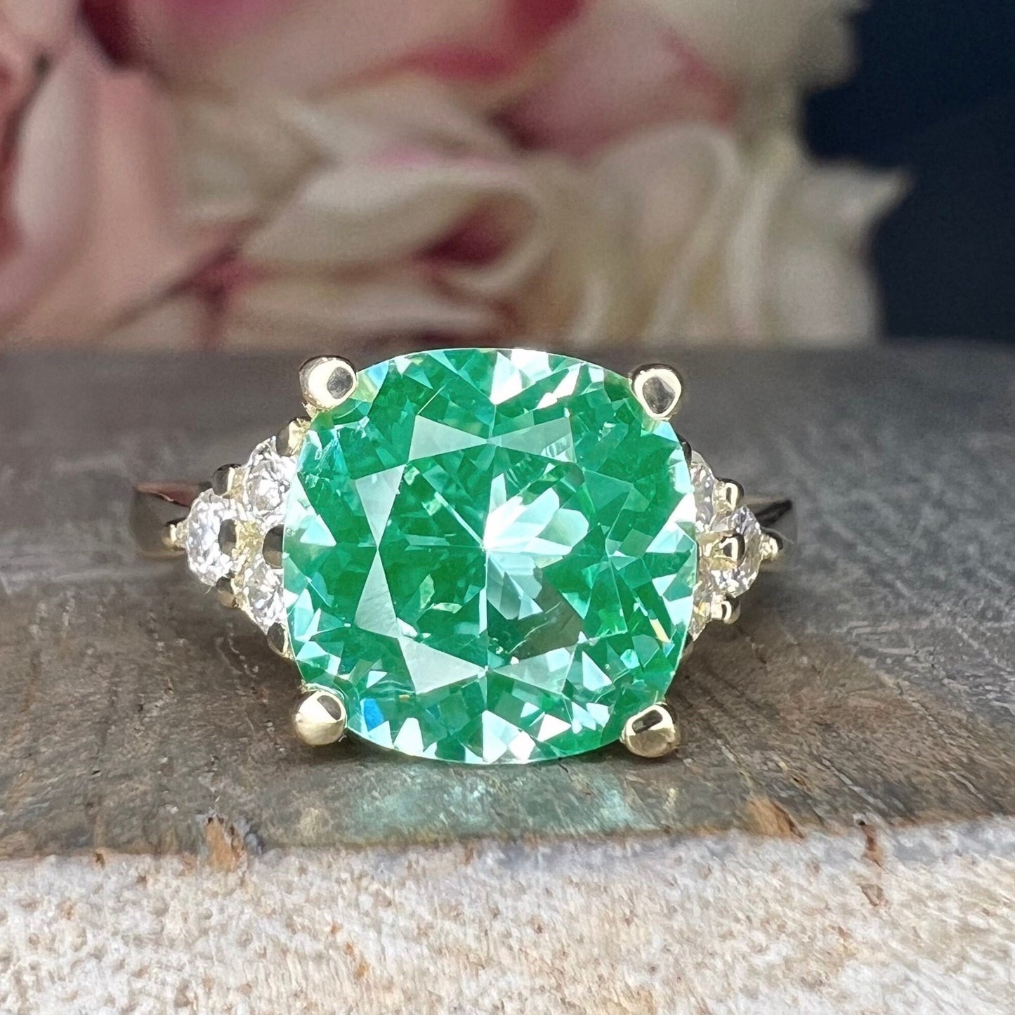 Paraiba Green Tourmaline Cushion Cut Engagement Ring , 14k Gold Cushion Cut and Round Diamond Cluster Ring , Round Moissanite Accents  #6525