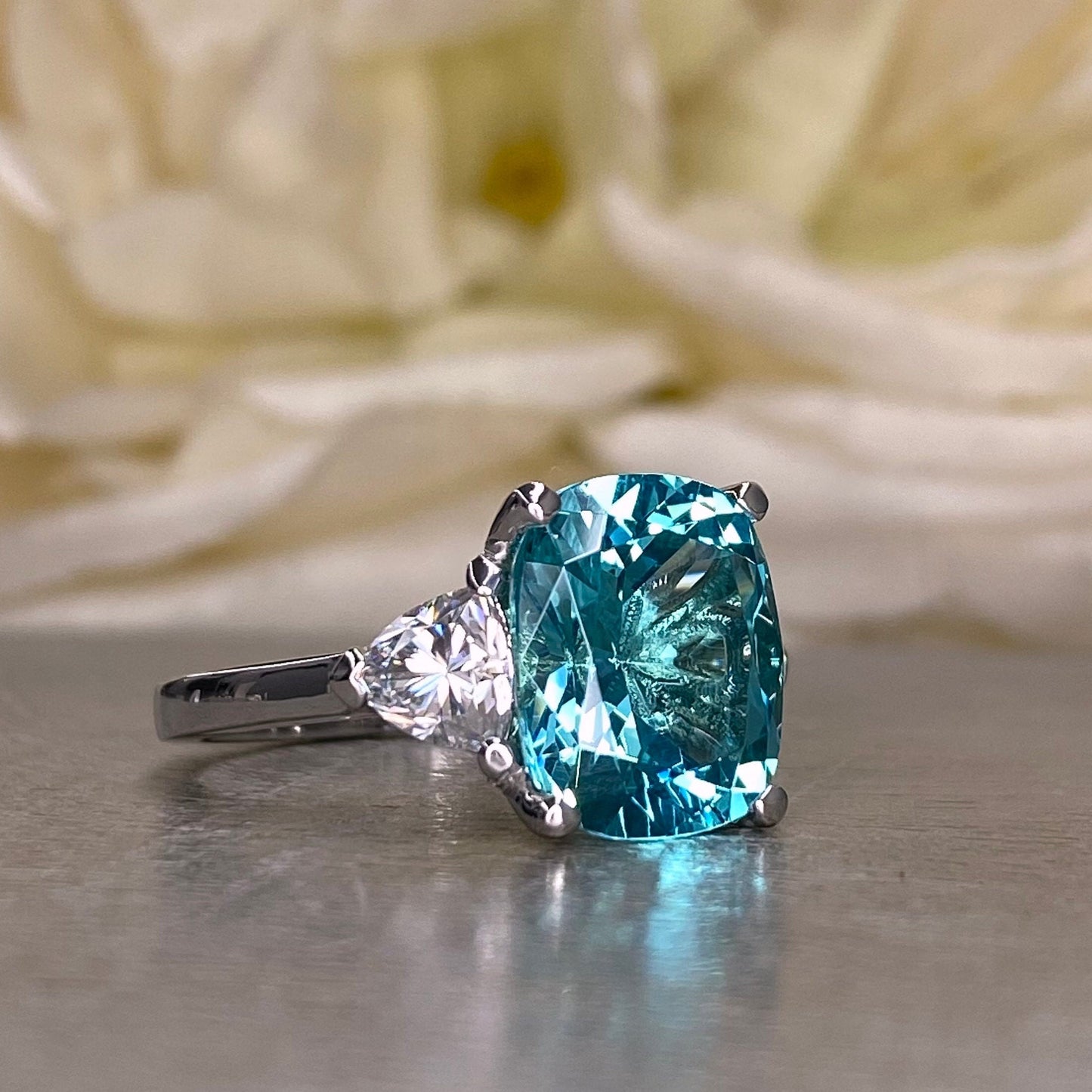 Elongated Cushion Paraiba And Moissanite Engagement Ring,   14k Gold Blue Paraiba Wedding Ring, Moissanite Ring   #6342
