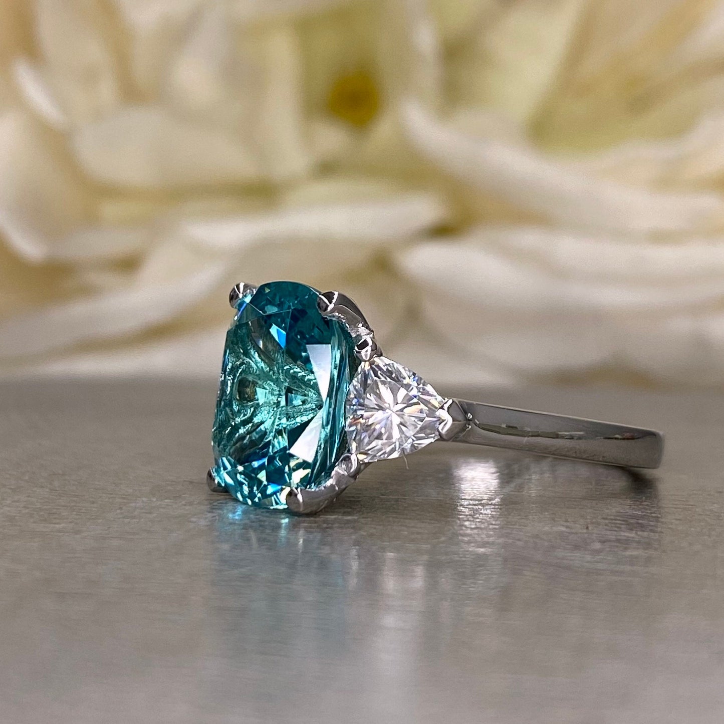 Elongated Cushion Paraiba And Moissanite Engagement Ring,   14k Gold Blue Paraiba Wedding Ring, Moissanite Ring   #6342