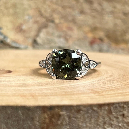 Green Sapphire Engagement Ring 14K Olive Green Cushion Cut Sapphire Celtic Engagement Ring Moissanite Celtic Gold Wedding Promise Ring #7300