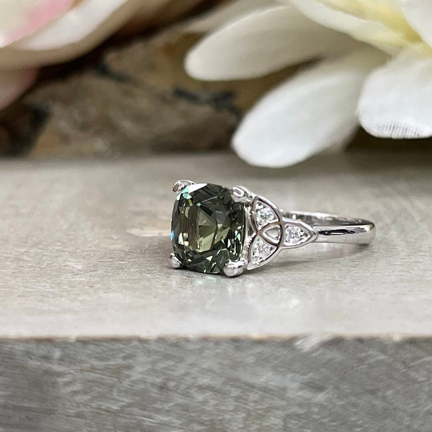 Green Sapphire Engagement Ring 14K Olive Green Cushion Cut Sapphire Celtic Engagement Ring Moissanite Celtic Gold Wedding Promise Ring #7300