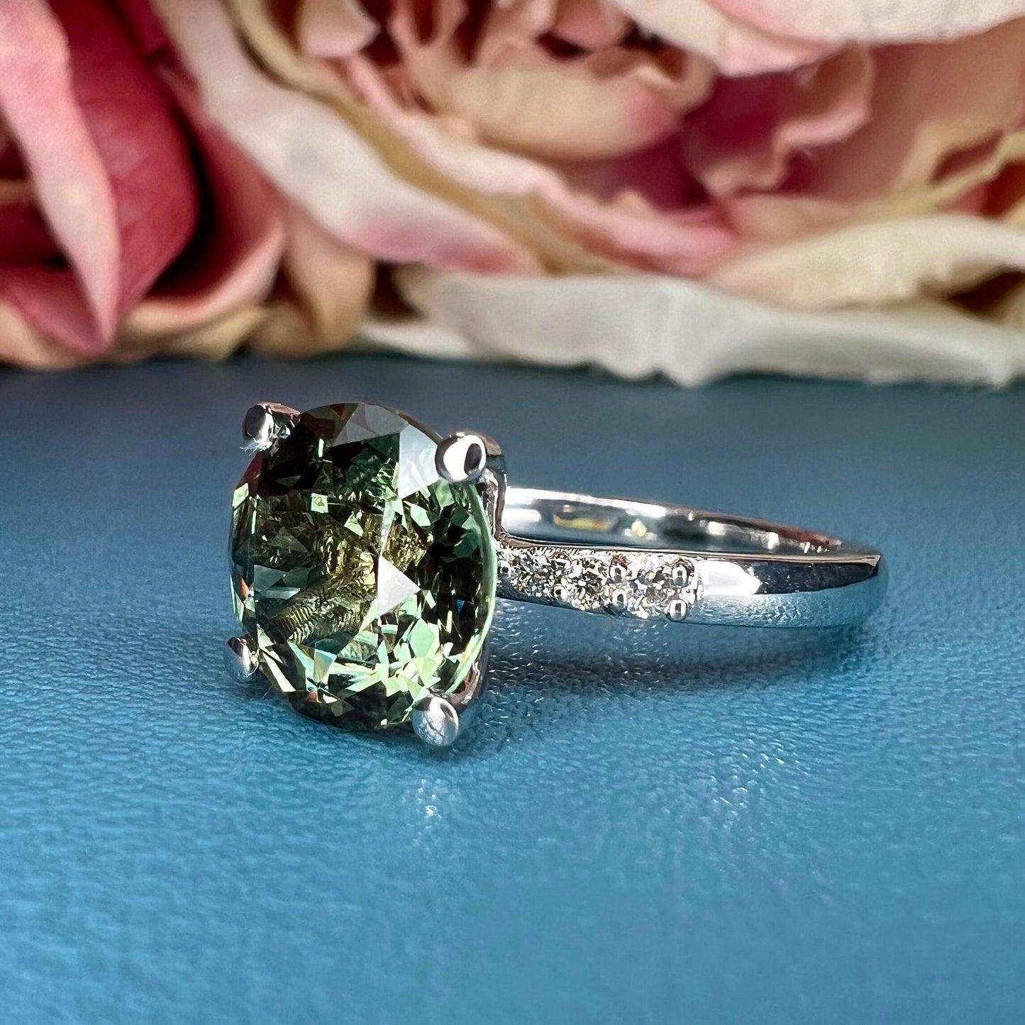 Green Sapphire Round Shaped Engagement Ring 14k Gold Ring , Round Shape Green Sapphire Solitaire Engagement Rings , Green Sapphire Ring 7256
