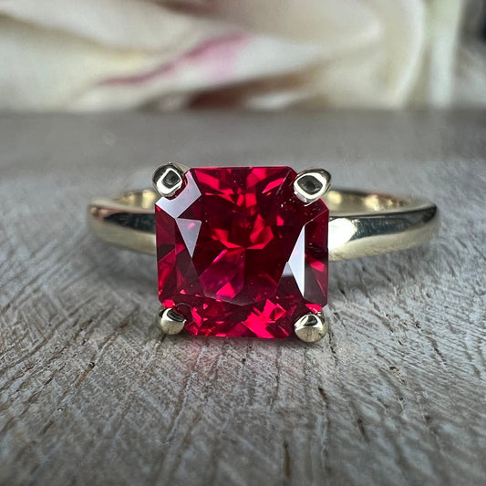 Radiant Cut Engagement Ring / Red Ruby Wedding Solitaire / Ladies Solitaire / 14k Yellow Gold / #6217