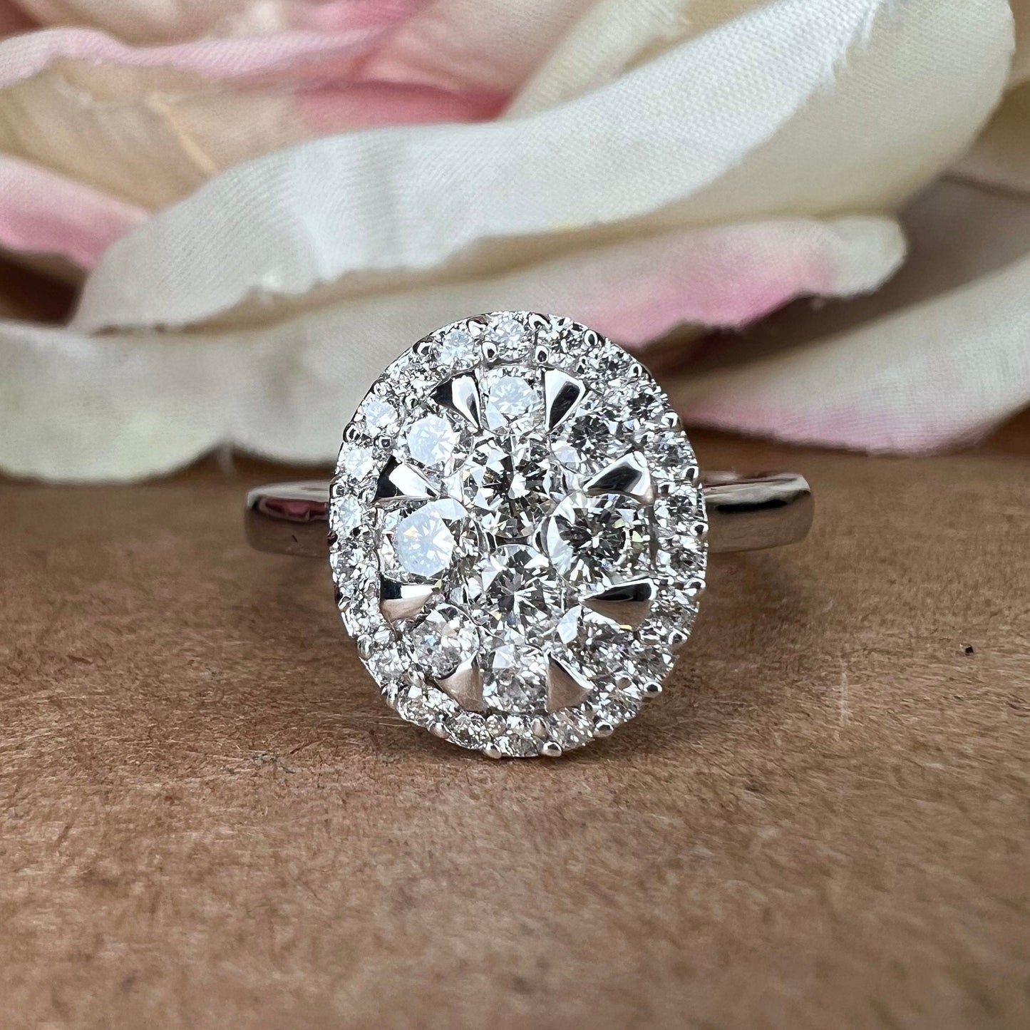 Diamond cluster ring 14k white gold, right hand ring unique cluster engagement ring, diamond wedding Bridal Anniversary gift for women #7780