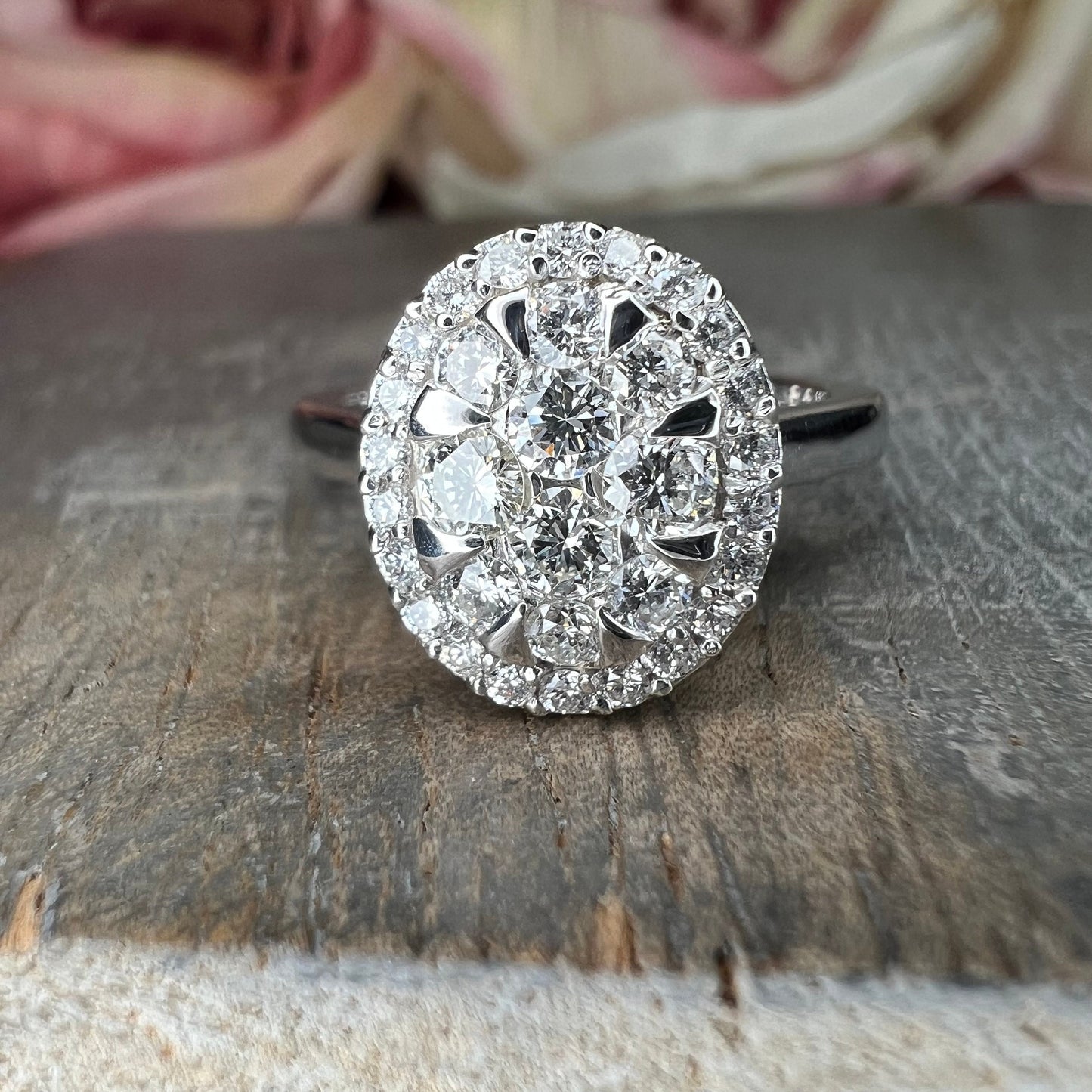 Diamond cluster ring 14k white gold, right hand ring unique cluster engagement ring, diamond wedding Bridal Anniversary gift for women #7780