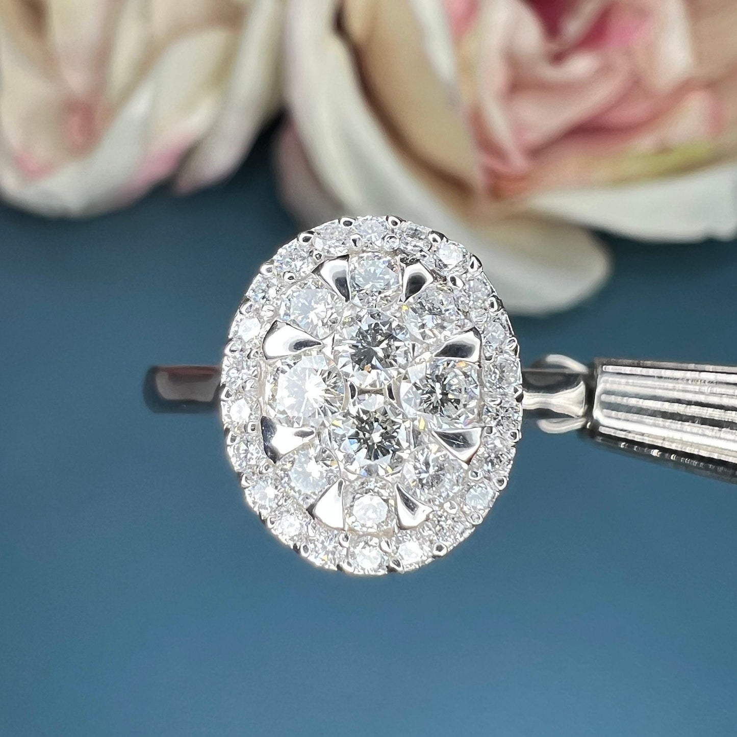 Diamond cluster ring 14k white gold, right hand ring unique cluster engagement ring, diamond wedding Bridal Anniversary gift for women #7780