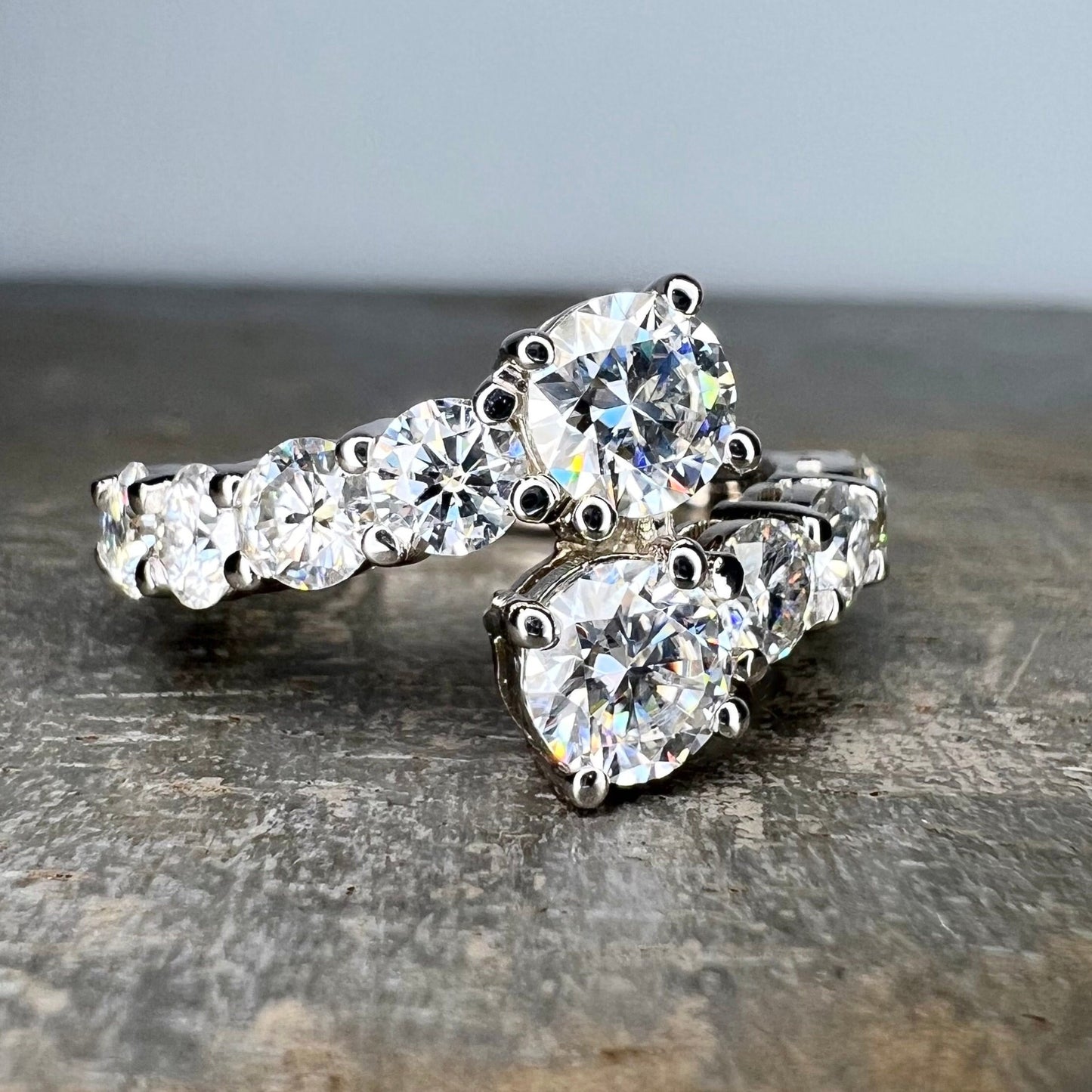 Toi Et Moi Bypass Ring White Gold Round Moissanite Bypass Ring For Women Dainty Ring Unique Promise Anniversary Bridal Wedding Ring, #7802