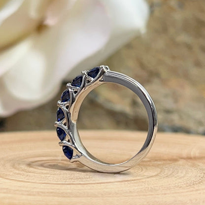 Blue Sapphire Wedding Band Round 6 Stone Gold Band 14K Solid White Gold Ladies Sapphire Wedding Promise Ring September Birthstone Ring
