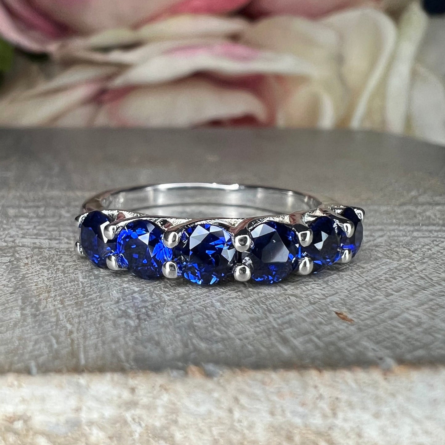 Blue Sapphire Wedding Band Round 6 Stone Gold Band 14K Solid White Gold Ladies Sapphire Wedding Promise Ring September Birthstone Ring