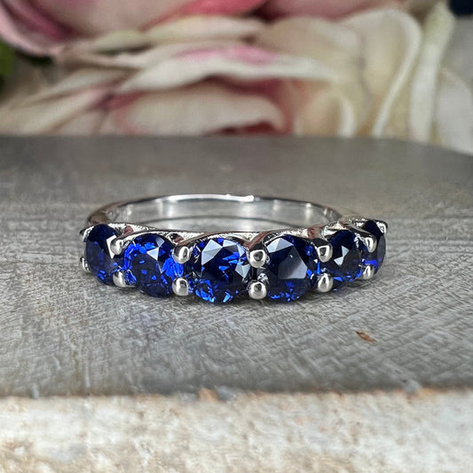 Blue Sapphire Wedding Band Round 6 Stone Gold Band 14K Solid White Gold Ladies Sapphire Wedding Promise Ring September Birthstone Ring