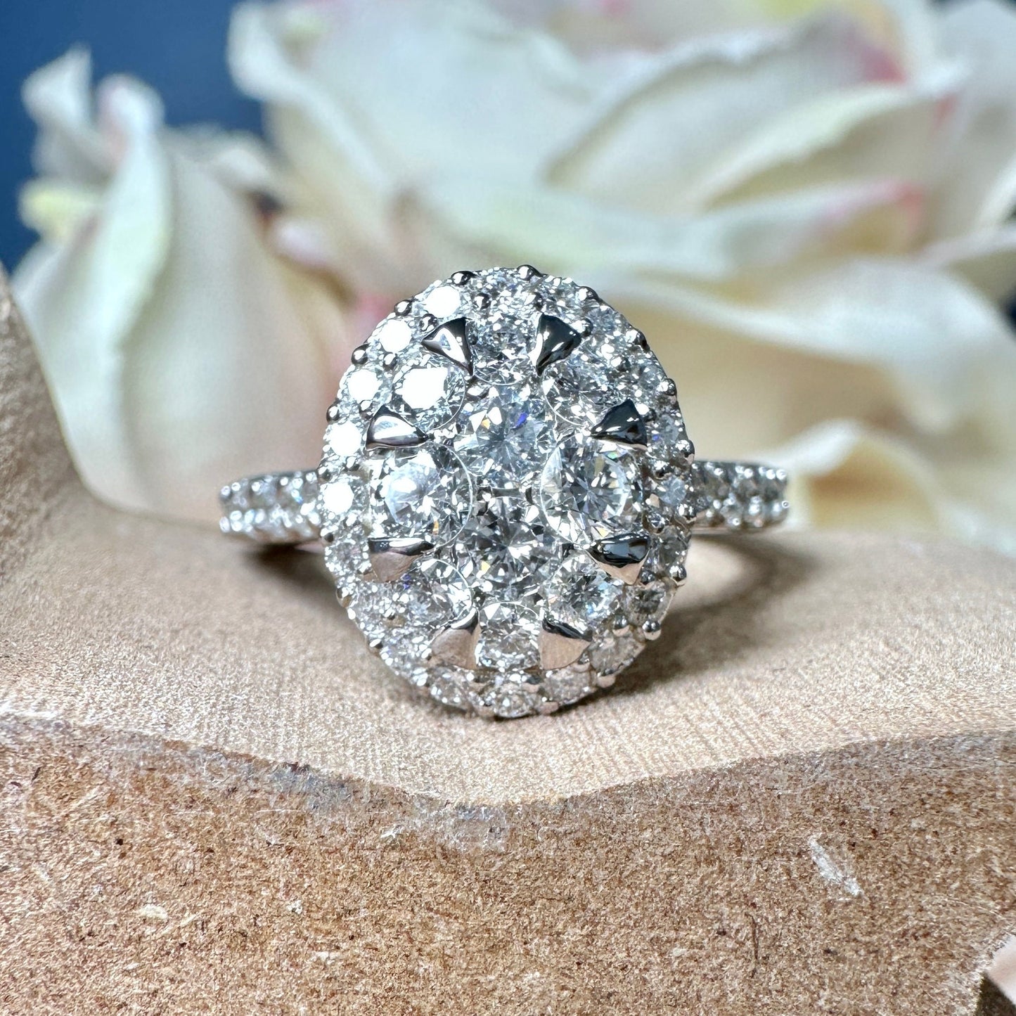 Diamond cluster ring 14k white gold, right hand ring unique cluster engagement ring, diamond wedding Bridal Anniversary gift for women #7788