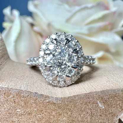 Diamond cluster ring 14k white gold, right hand ring unique cluster engagement ring, diamond wedding Bridal Anniversary gift for women #7788
