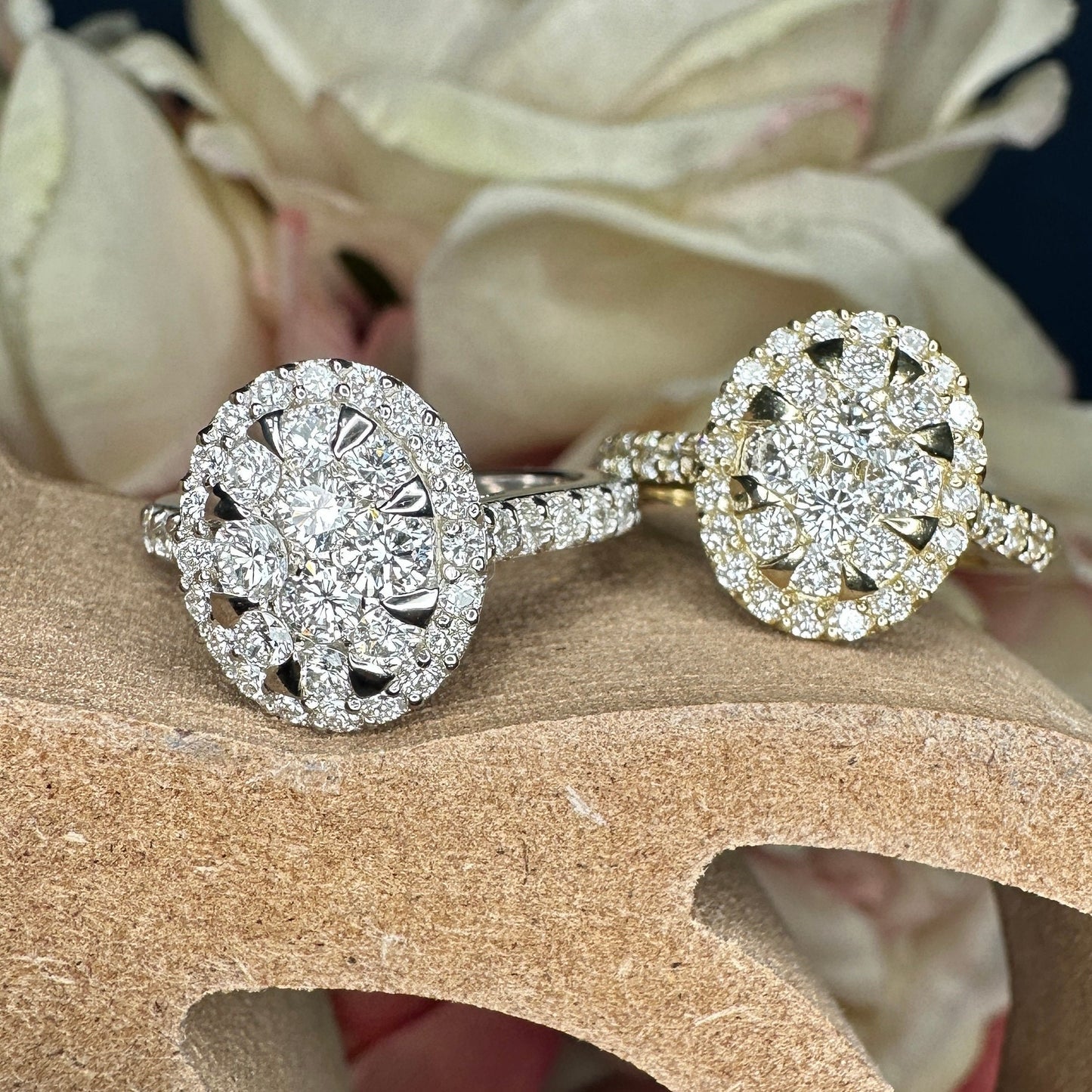 Diamond cluster ring 14k white gold, right hand ring unique cluster engagement ring, diamond wedding Bridal Anniversary gift for women #7788