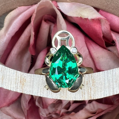 Frog ring 14k yellow gold, lucky frog ring forggy ring frog jewelry pear cut emerald good luck frog ring cute frog ring gold frog ring #7789