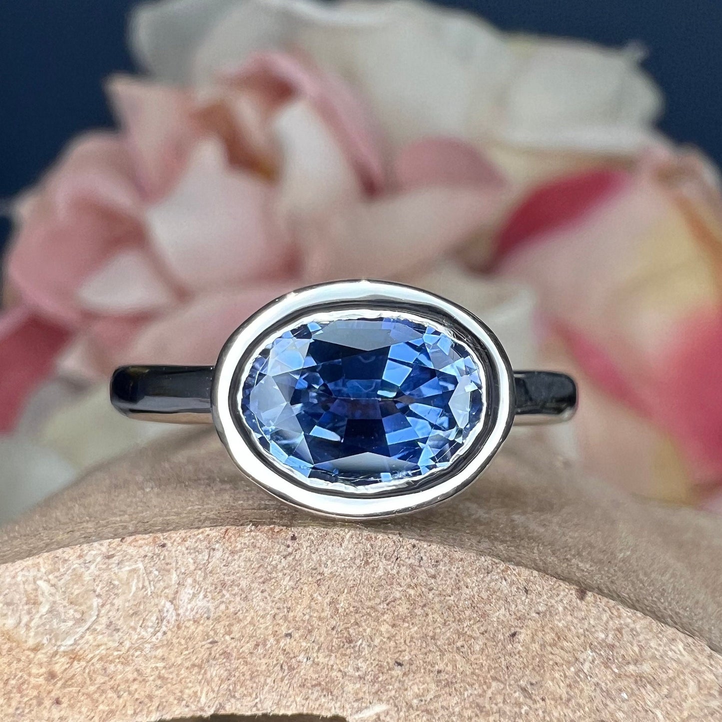 Oval cut blue sapphire bezel set ring 14K white gold, east west oval sapphire stacking ring Unique bezel set blue sapphire ladies ring #7790