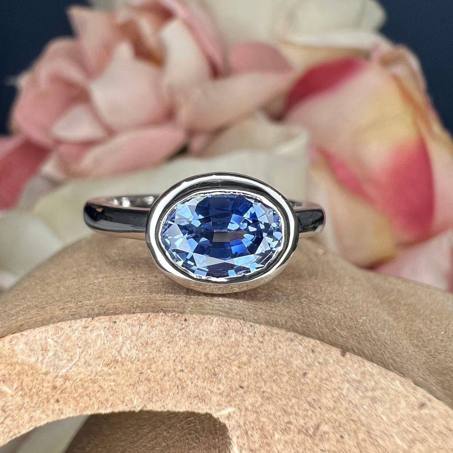 Oval cut blue sapphire bezel set ring 14K white gold, east west oval sapphire stacking ring Unique bezel set blue sapphire ladies ring #7790