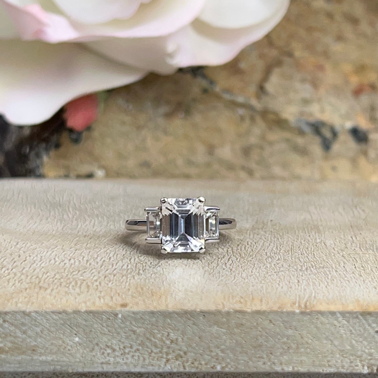 Emerald Cut Moissanite Engagement Ring, Three Stone Emerald Cut Anniversary Ring, 14k Solid White Gold 3.00ctw Wedding Ring For Ladies #5194