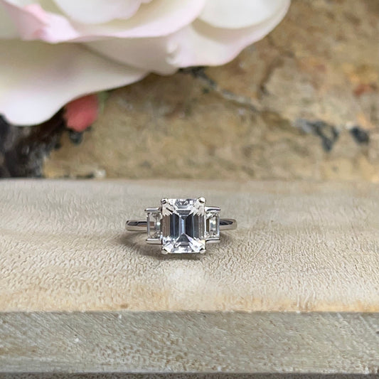 Emerald Cut Moissanite Engagement Ring, Three Stone Emerald Cut Anniversary Ring, 14k Solid White Gold 3.00ctw Wedding Ring For Ladies #5194