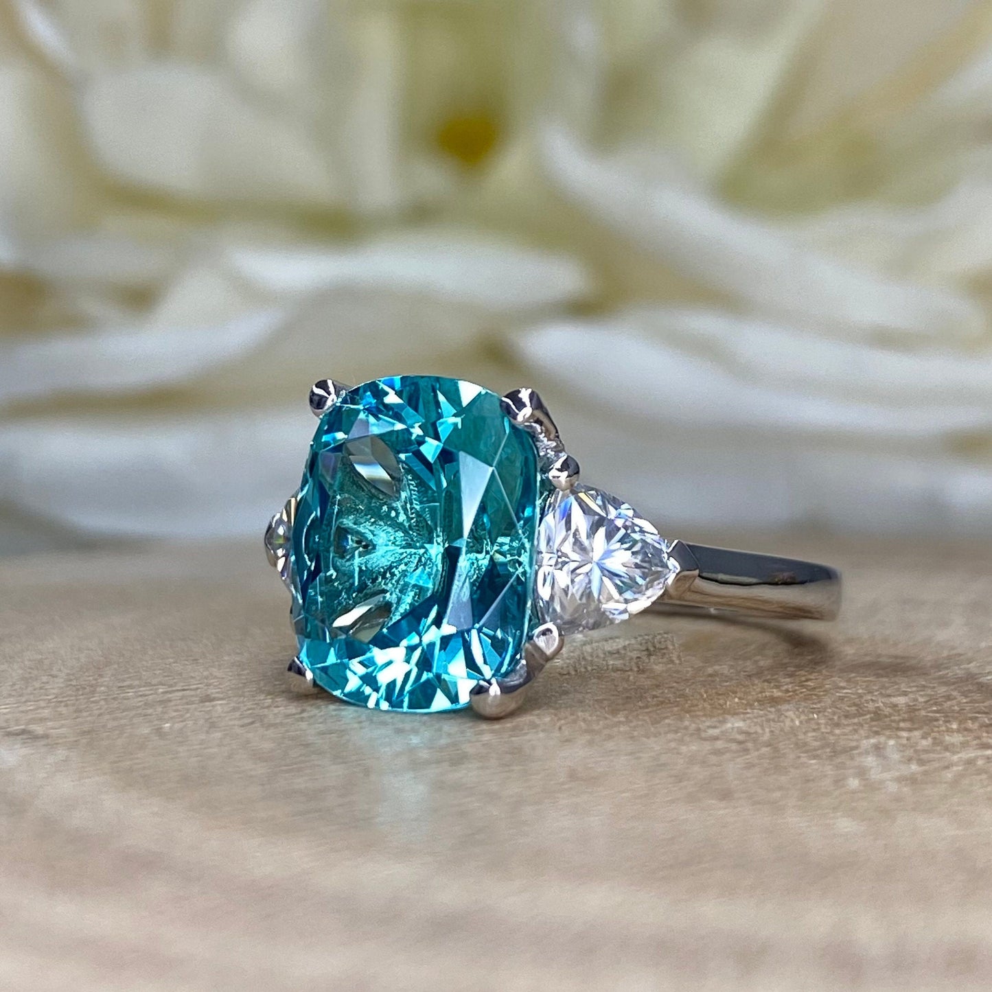 Elongated Cushion Paraiba And Moissanite Engagement Ring,   14k Gold Blue Paraiba Wedding Ring, Moissanite Ring   #6342