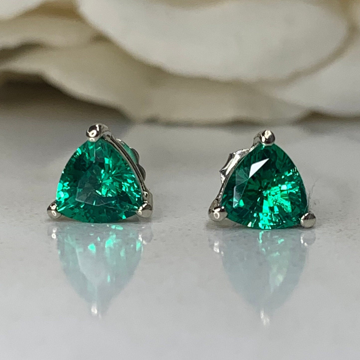Trillion Shape Emerald  Stud Earrings 14K White Gold, Triangle Shape Stud Earrings Unisex Holiday Earrings Simple Emerald Stud Earrings 7240