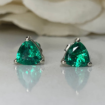 Trillion Shape Emerald  Stud Earrings 14K White Gold, Triangle Shape Stud Earrings Unisex Holiday Earrings Simple Emerald Stud Earrings 7240