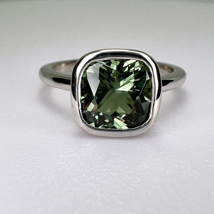 Cushion cut olive green sapphire engagement ring 14k white gold bezel set modern cocktail ring Solitaire sapphire ring Holiday gifts,  #6370