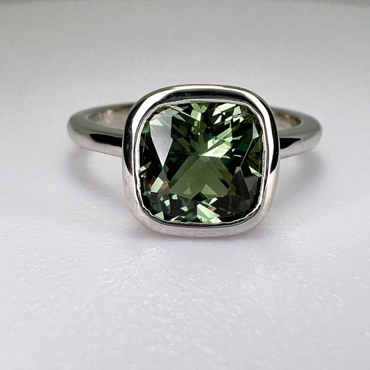 Cushion cut olive green sapphire engagement ring 14k white gold bezel set modern cocktail ring Solitaire sapphire ring Holiday gifts,  #6370