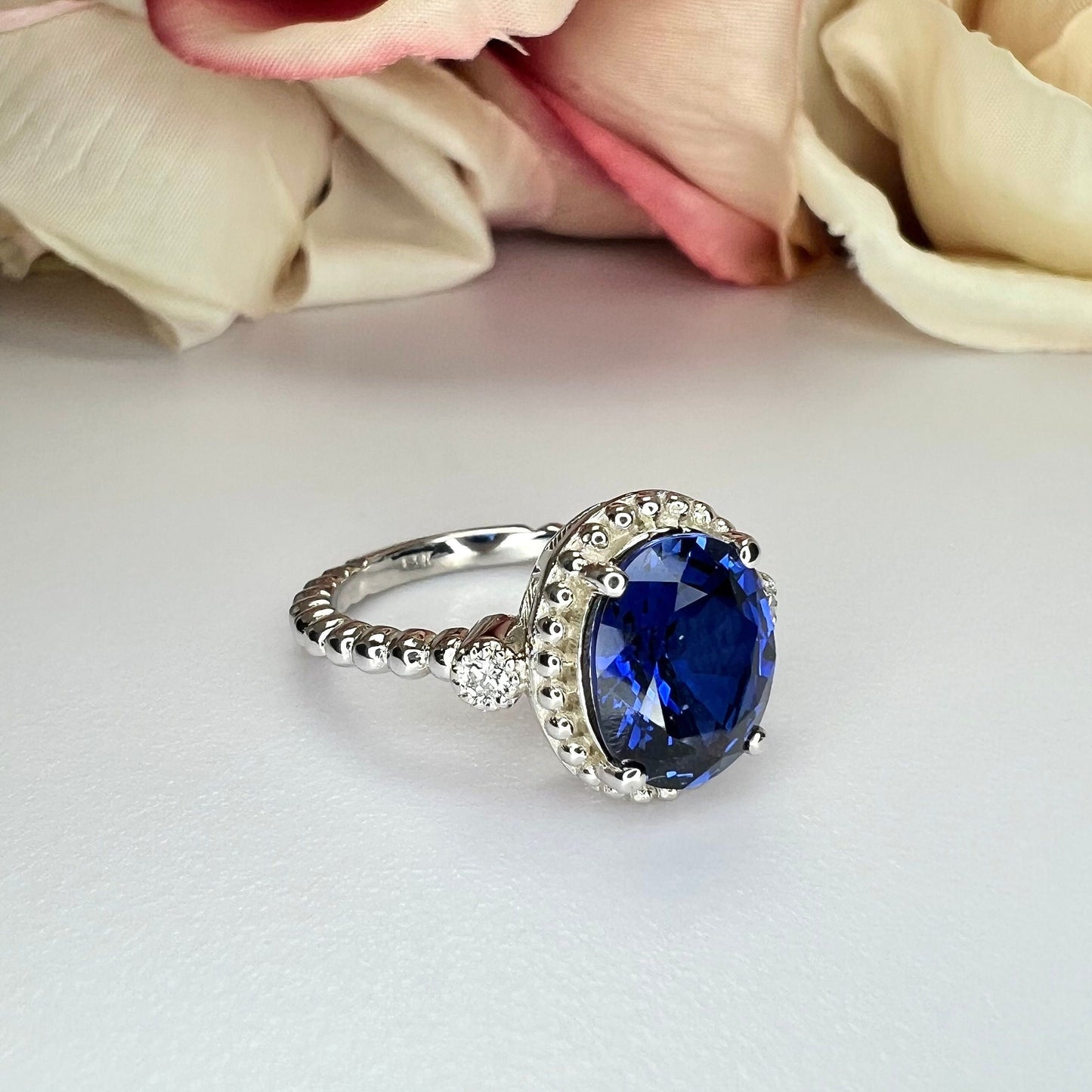 Sapphire Vintage Style Ring / Oval Blue Sapphire Ring / Unique Engagement Ring / Ladies Ring / 14k White Gold / #6167
