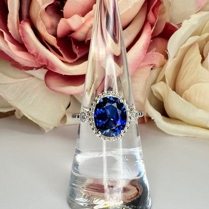 Sapphire Vintage Style Ring / Oval Blue Sapphire Ring / Unique Engagement Ring / Ladies Ring / 14k White Gold / #6167