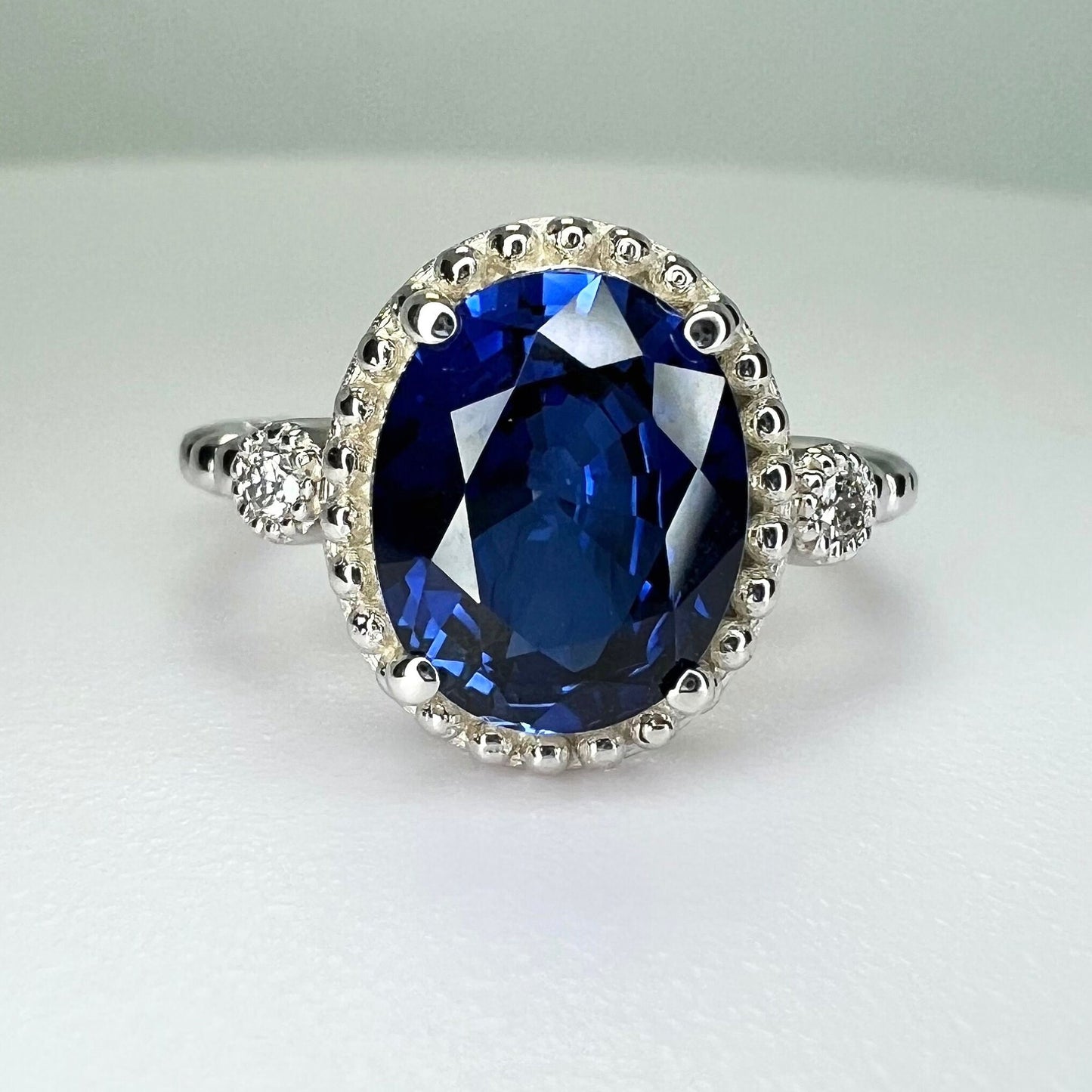 Sapphire Vintage Style Ring / Oval Blue Sapphire Ring / Unique Engagement Ring / Ladies Ring / 14k White Gold / #6167