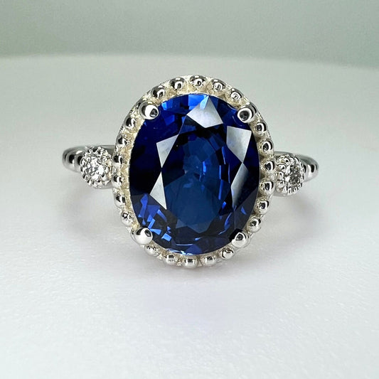 Sapphire Vintage Style Ring / Oval Blue Sapphire Ring / Unique Engagement Ring / Ladies Ring / 14k White Gold / #6167
